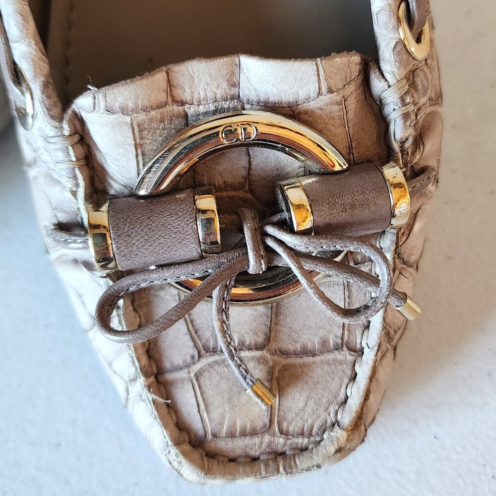 Dior Beige Crocodile-Embossed Loafers with Gold Accents